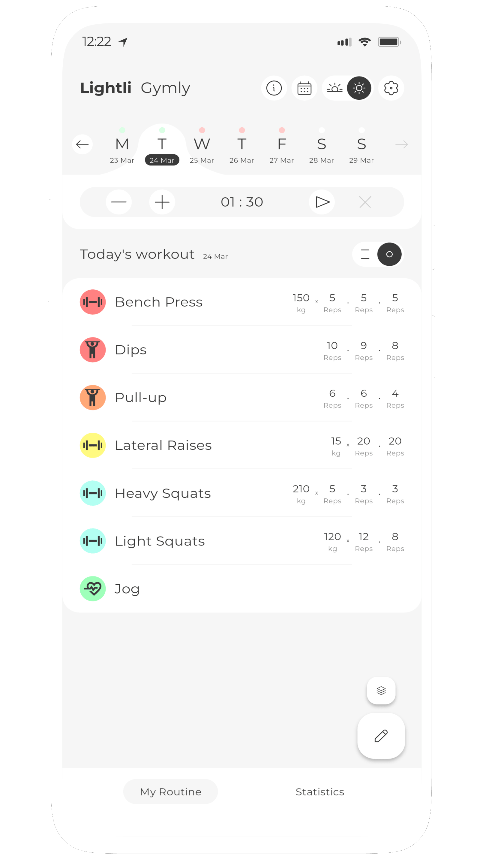 Screenshot of Gymly, a lightweight workout routine app