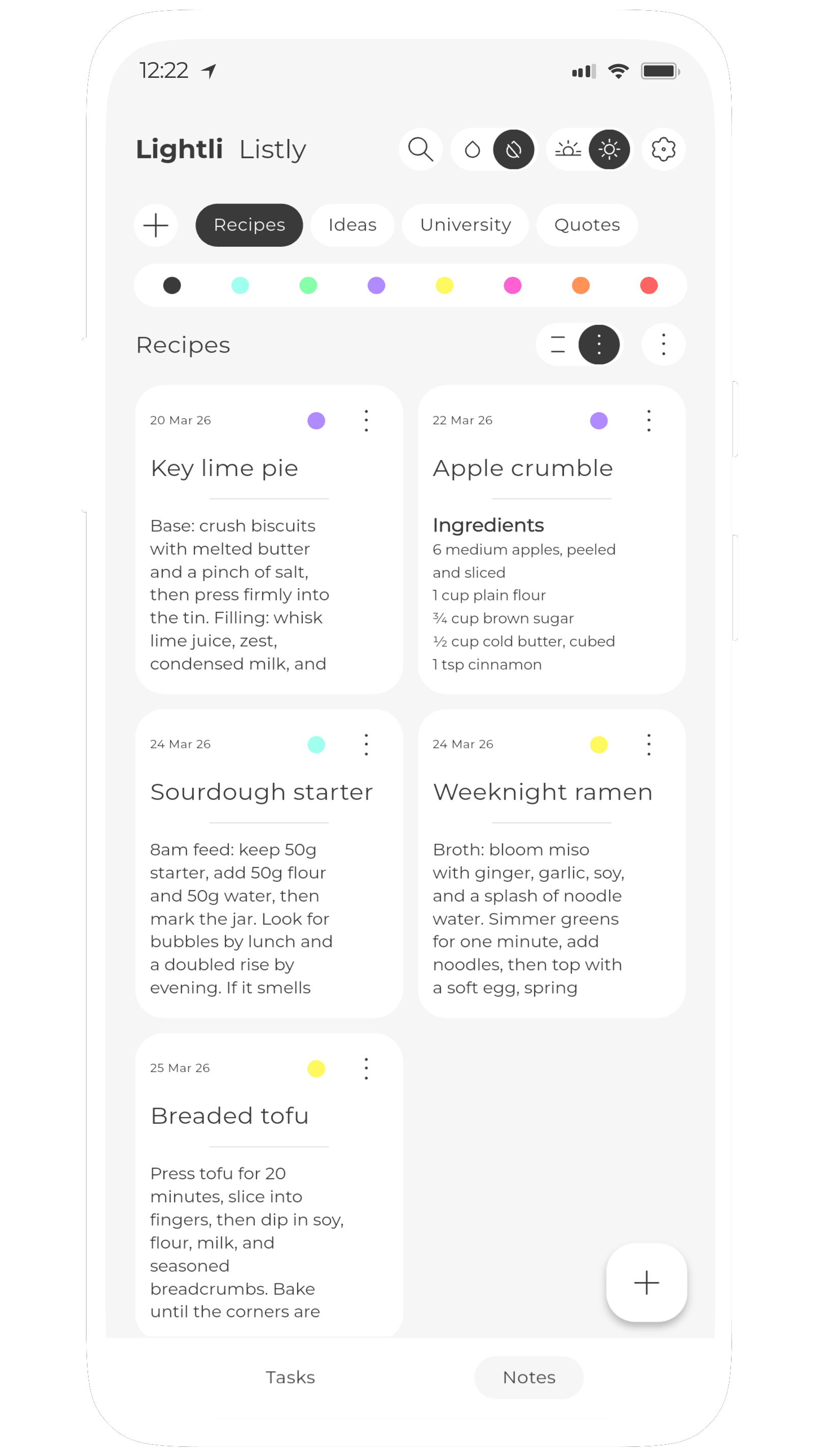 Screenshot of Listly, a colourful yet minimal notes and lists app for tasks and todo lists
