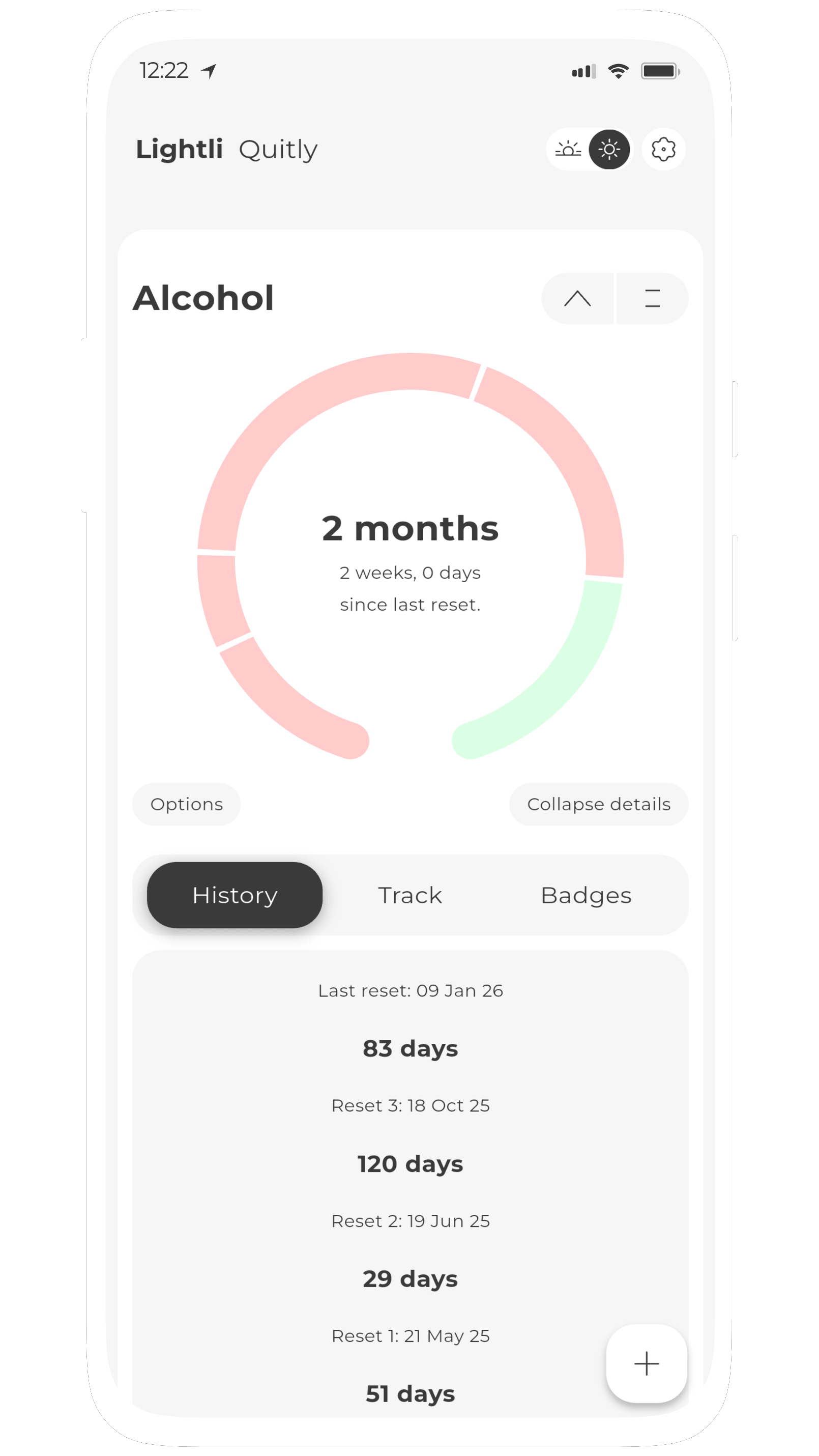 Screenshot of Quitly, a minimal stopwatch-styled sobriety timer for tracking the quitting of addiction and bad habits