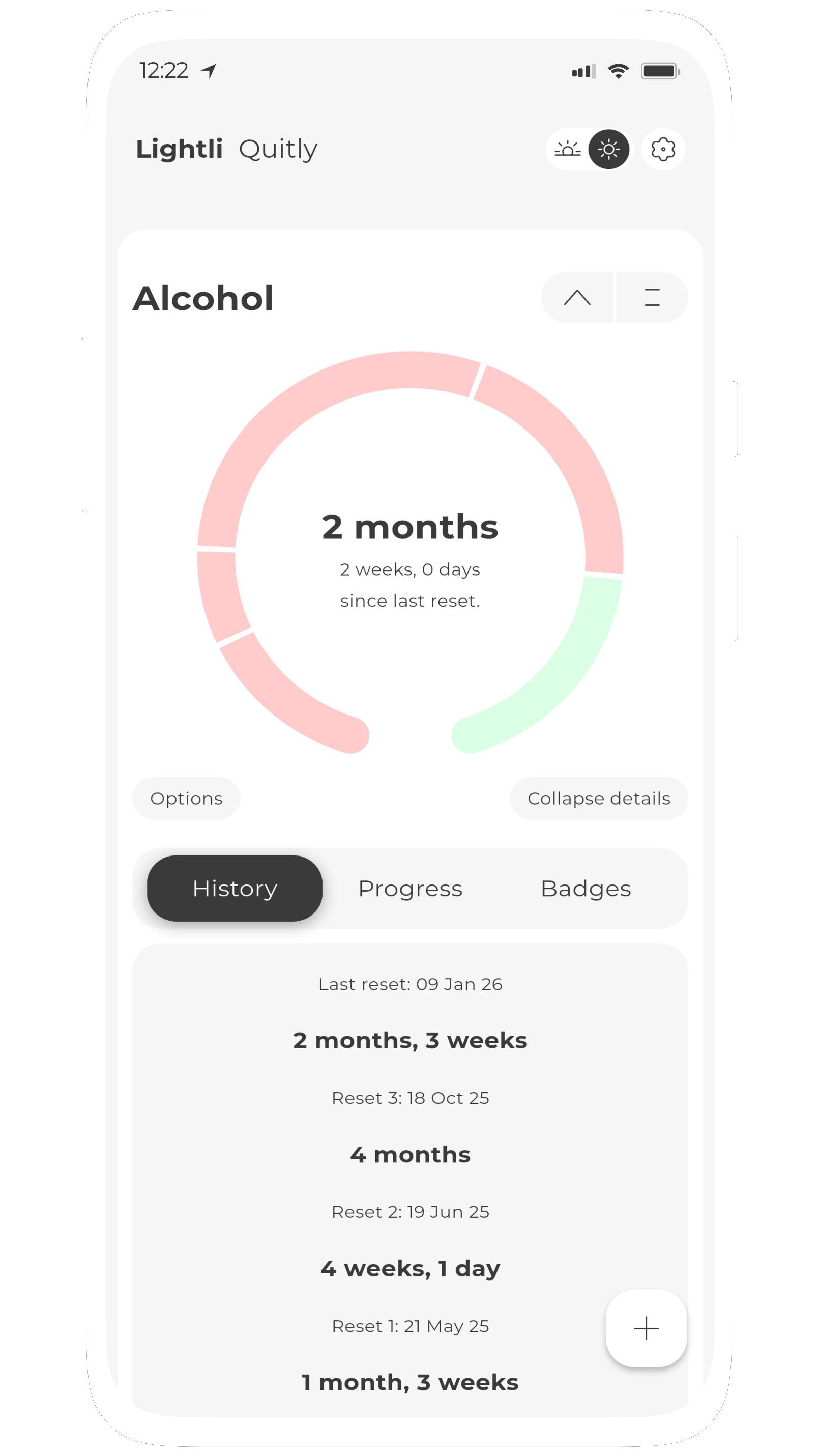 Screenshot of Quitly, a minimal stopwatch-styled sobriety timer for tracking the quitting of addiction and bad habits