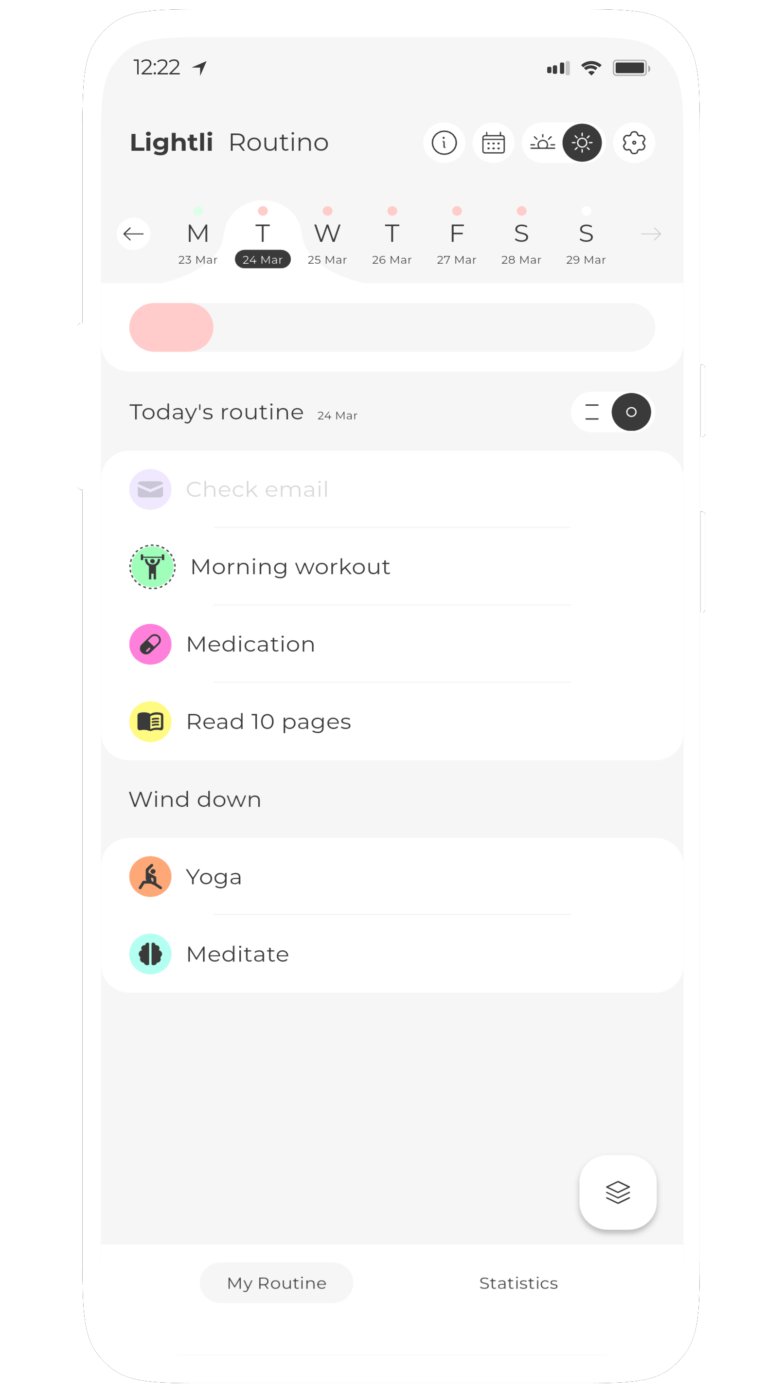 Screenshot of Routino, a habit based routine manager for weekly repeating schedules