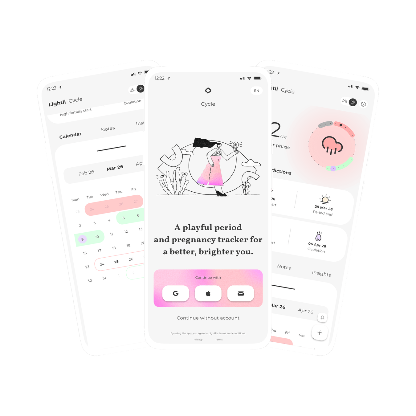 Graphic of three screens within Cycle, a female health (menstruation / cycle /period) tracker