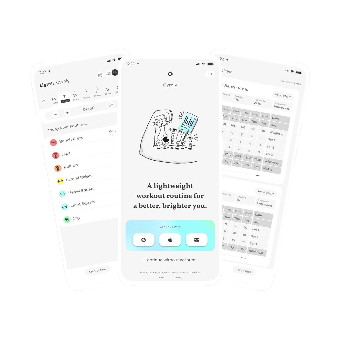 Graphic of three screens within Gymly, a lightweight workout routine app