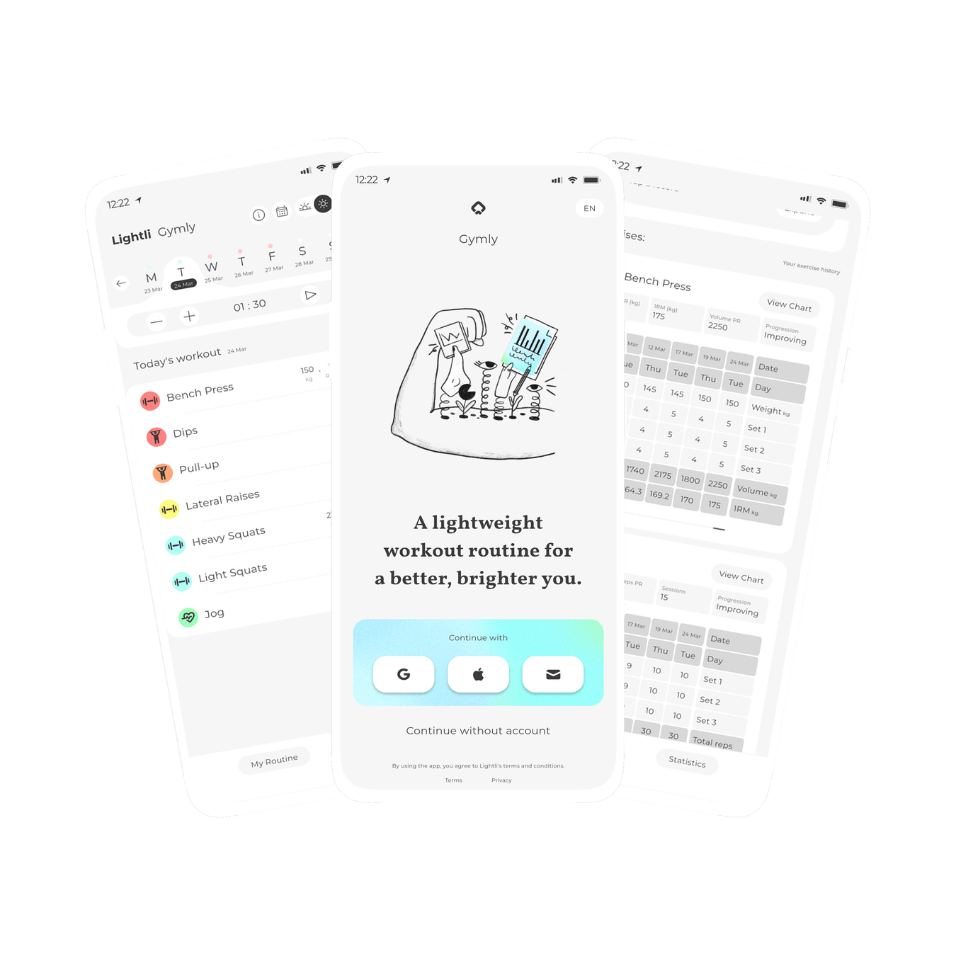 Graphic of three screens within Gymly, a lightweight workout routine app