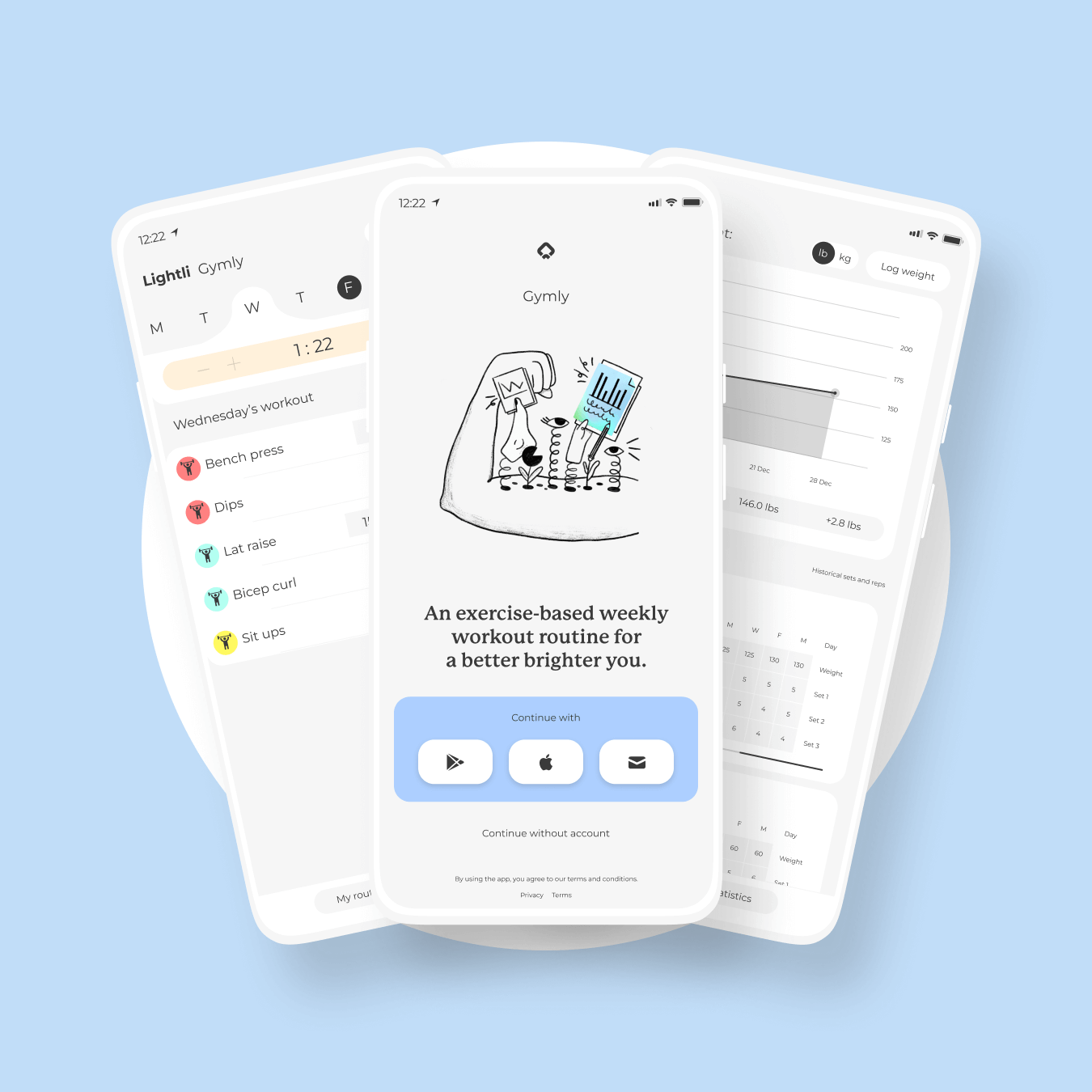 Graphic of three screens within Gymly, a fitness tracker for workouts and exercises