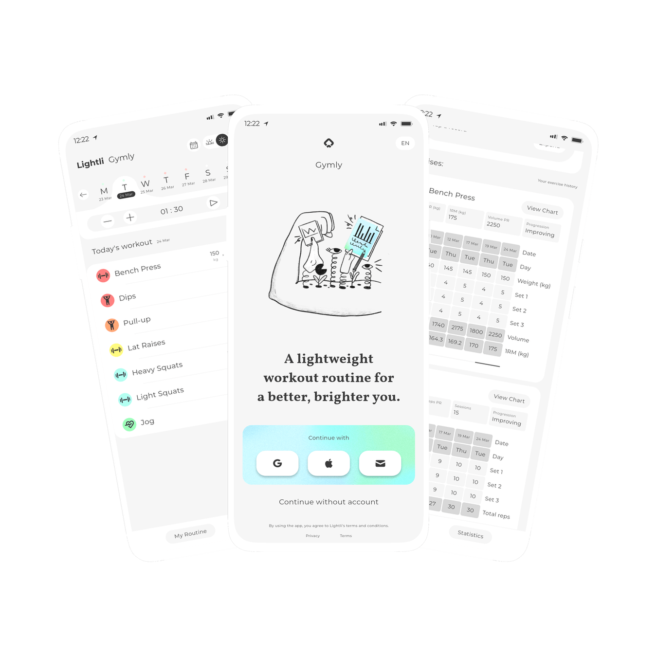 Graphic of three screens within Gymly, a lightweight workout routine app