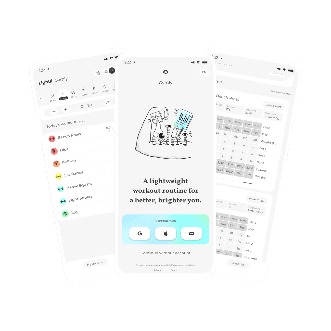 Graphic of three screens within Gymly, a lightweight workout routine app