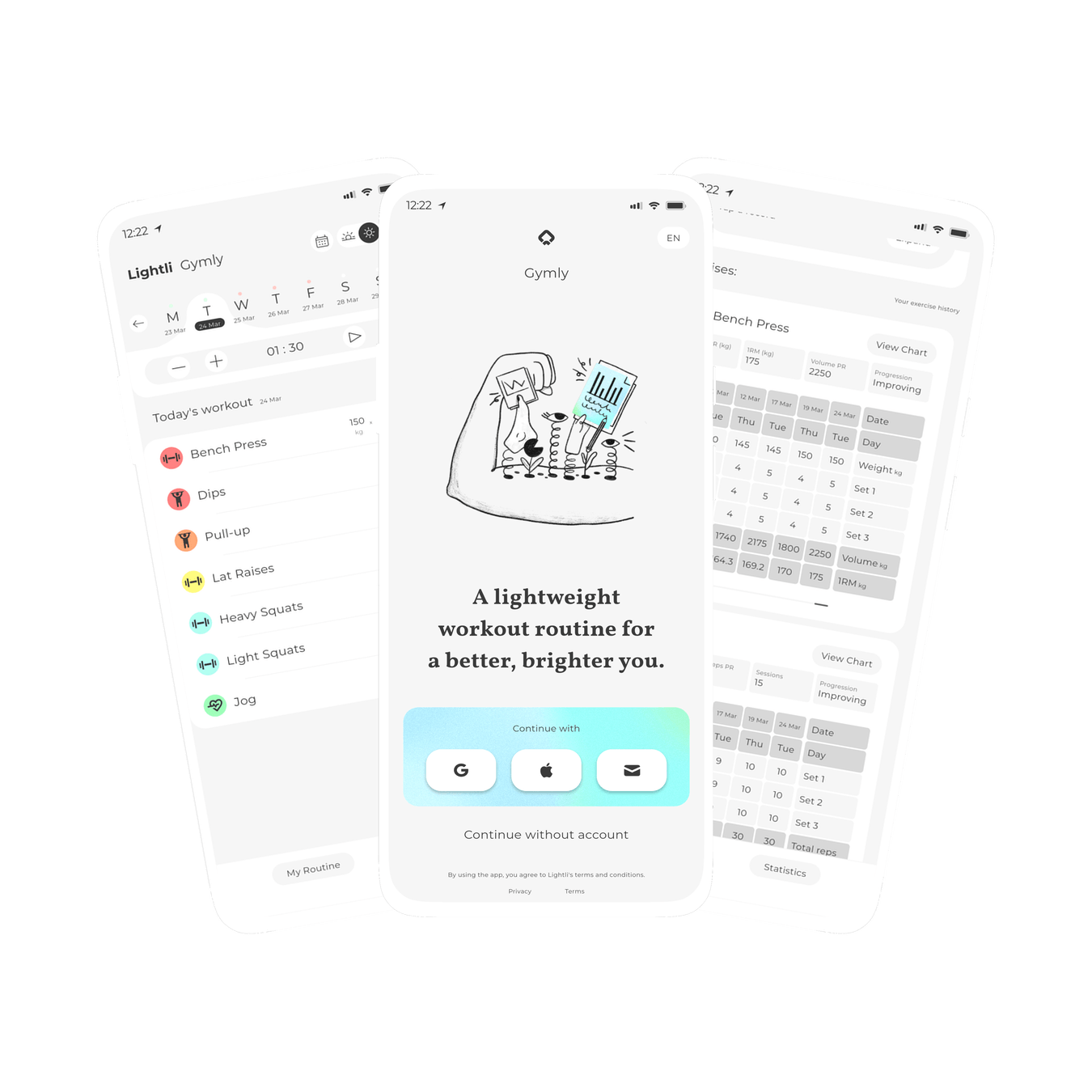 Graphic of three screens within Gymly, a lightweight workout routine app