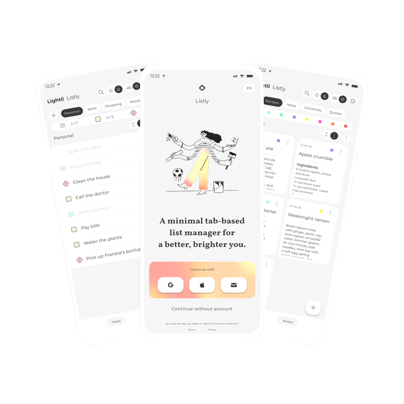 Graphic of three screens within Listly, a colourful yet minimal notes and lists app for tasks and todo lists