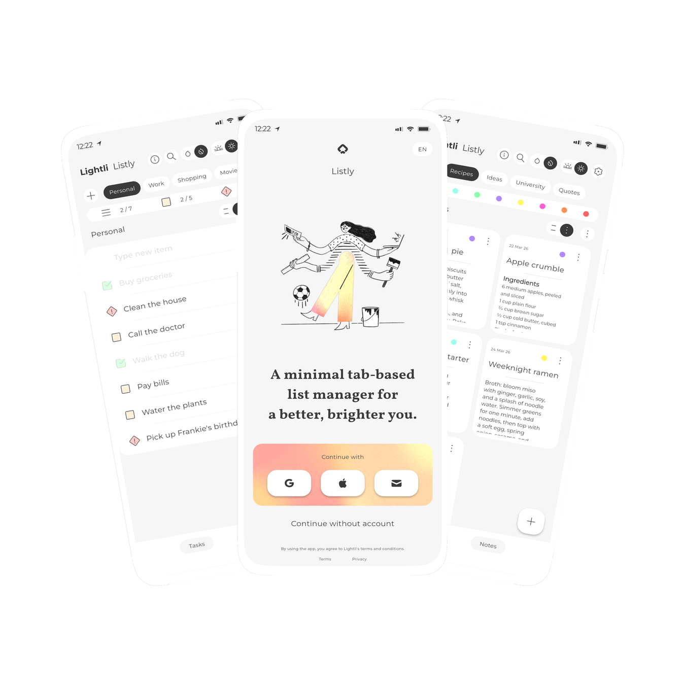 Graphic of three screens within Listly, a colourful yet minimal notes and lists app for tasks and todo lists