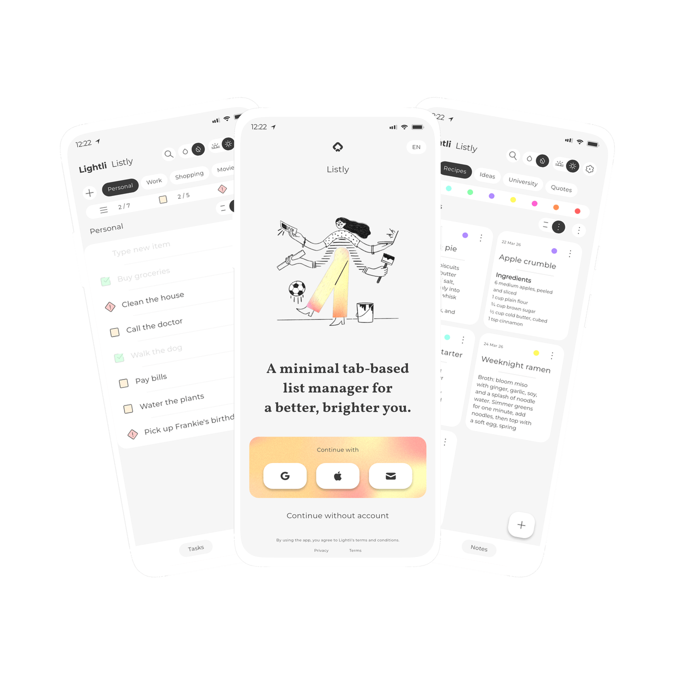 Graphic of three screens within Listly, a colourful yet minimal notes and lists app for tasks and todo lists
