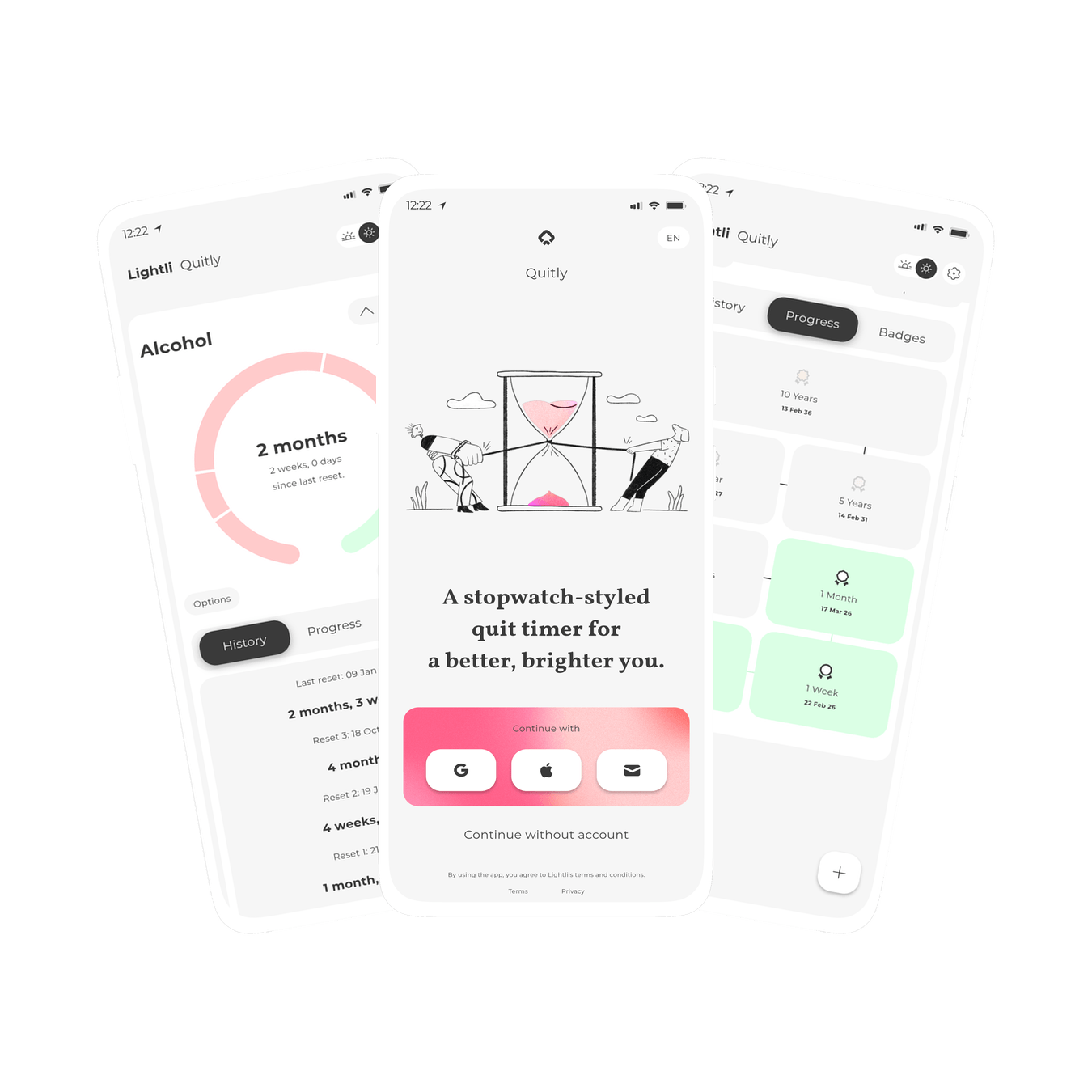 Graphic of three screens within Quitly, a minimal stopwatch-styled sobriety timer for tracking the quitting of addiction and bad habits
