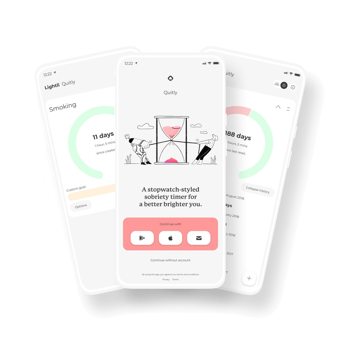 Graphic of three screens within Quitly, a minimal stopwatch-styled sobriety timer for tracking the quitting of addiction and bad habits