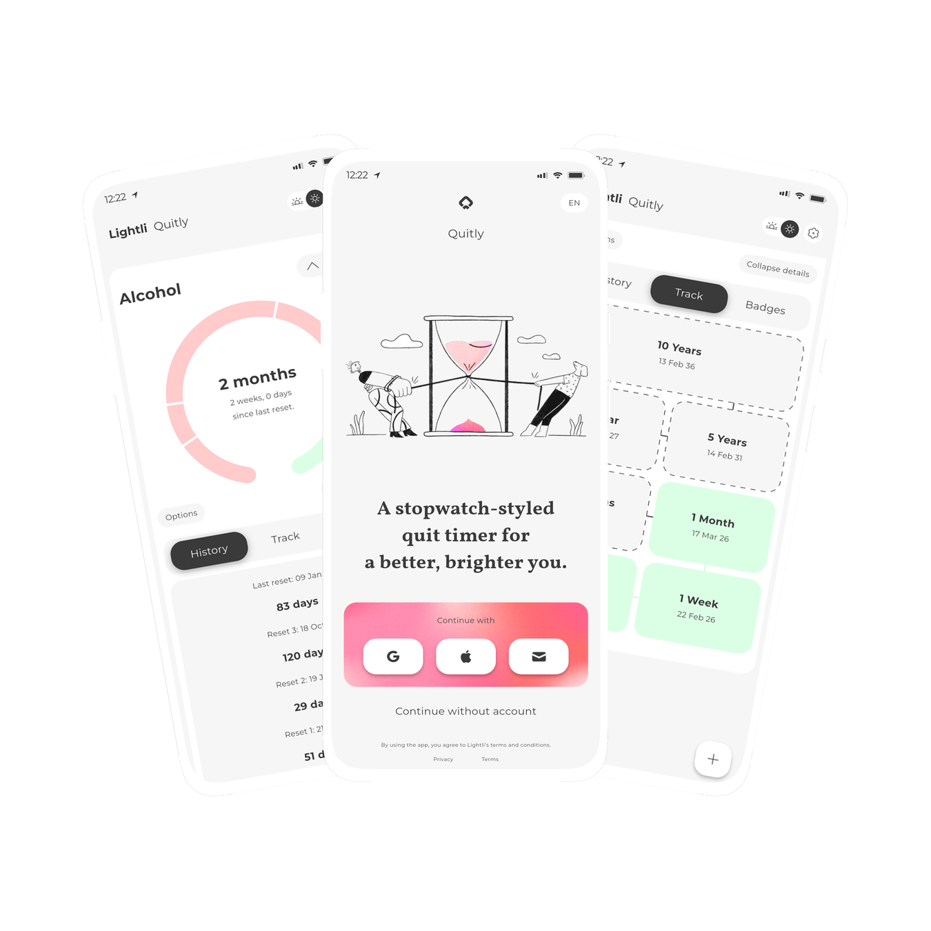 Graphic of three screens within Quitly, a minimal stopwatch-styled sobriety timer for tracking the quitting of addiction and bad habits