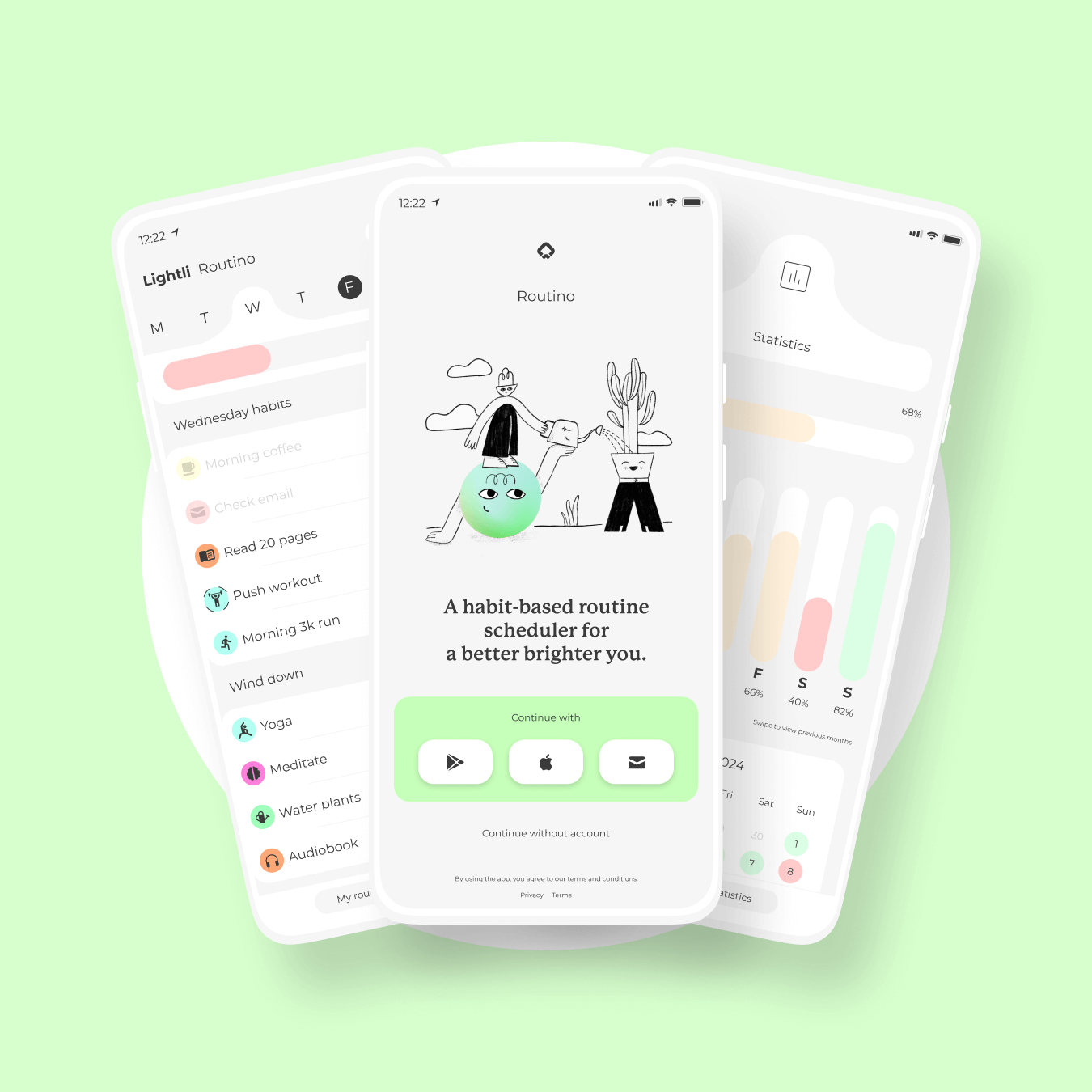 Graphic of three screens within Routino, a habit based routine manager for weekly repeating schedules