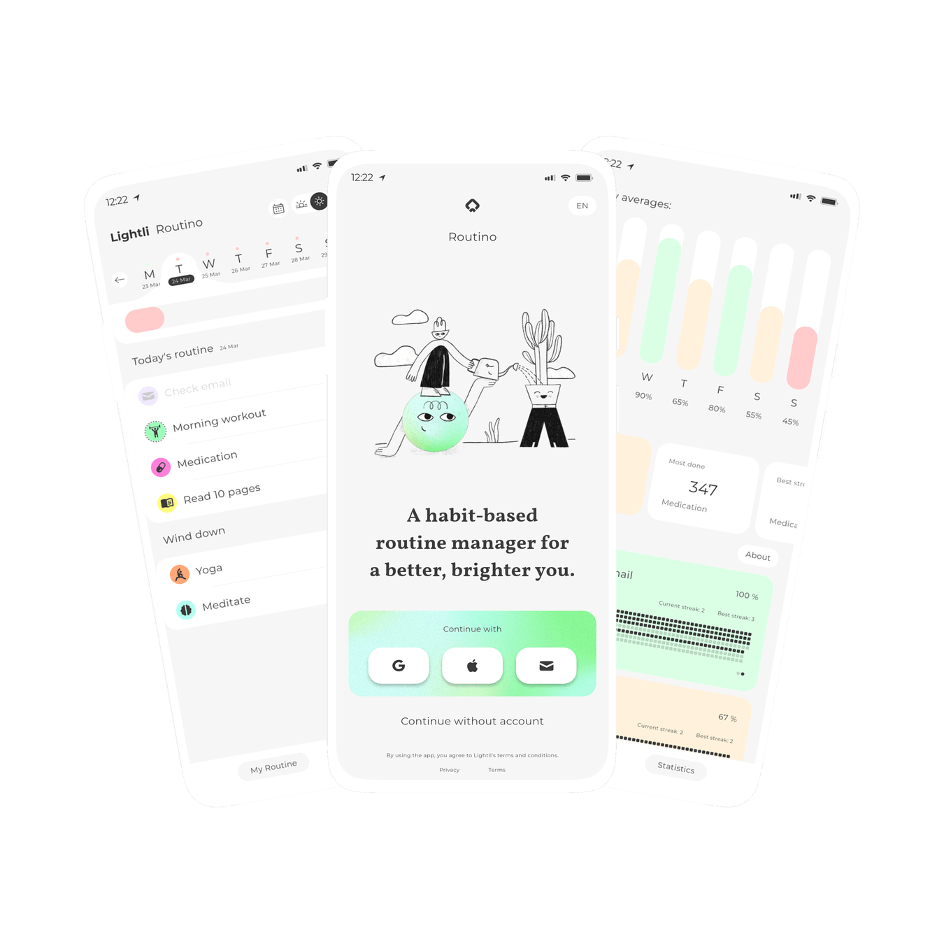 Graphic of three screens within Routino, a habit based routine manager for weekly repeating schedules