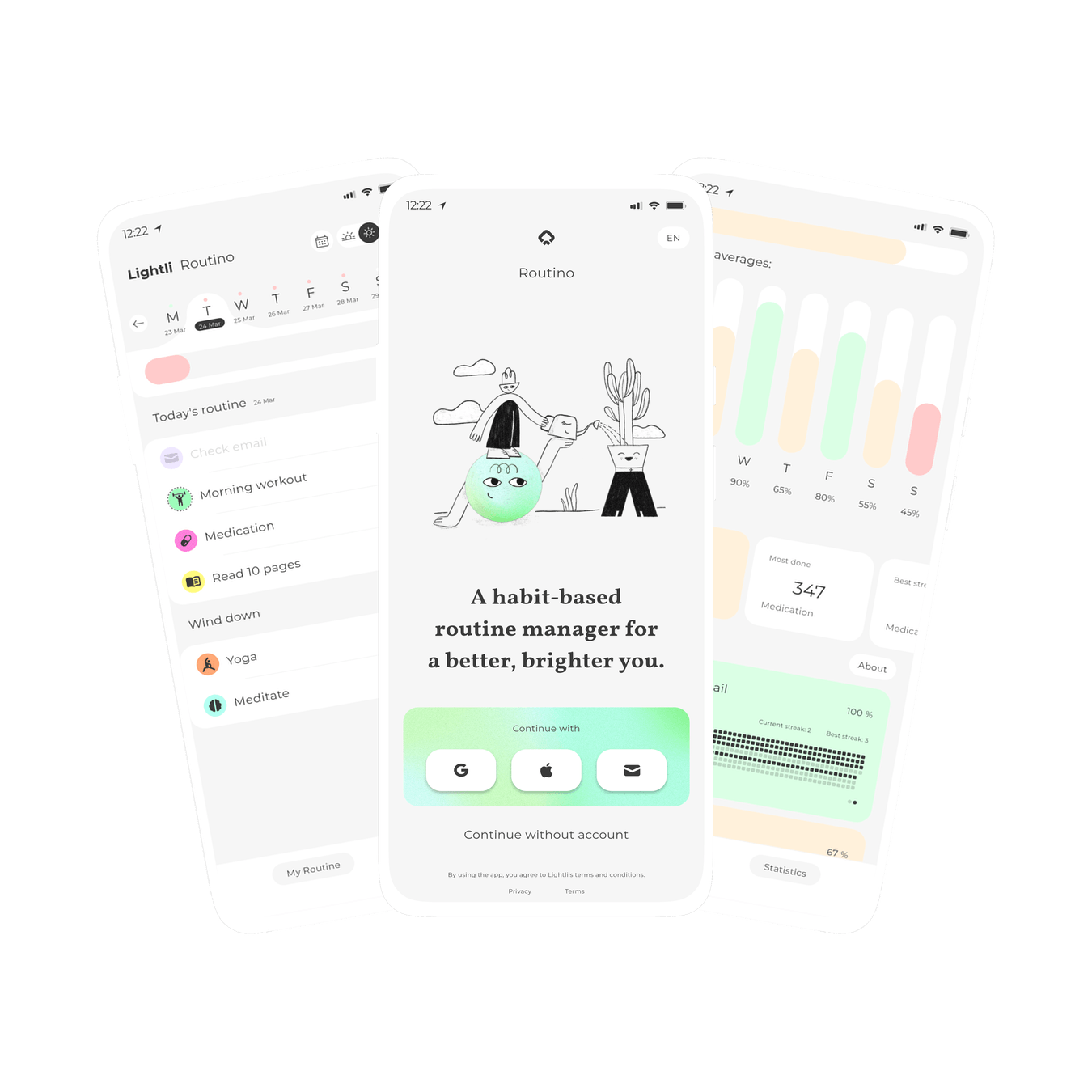 Graphic of three screens within Routino, a habit based routine manager for weekly repeating schedules